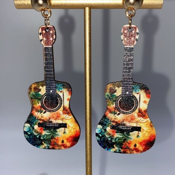 ✨ 🌸🆕 🌸✨ Bohemian Guitar Pendant Earrings - Recycled Wood Design✨ 🌸🎨 - Picture 8 of 14